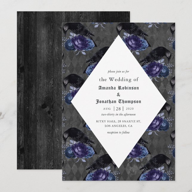 Invitation Rustique Floral Corbeau Mariage gothique (Devant / Derrière)