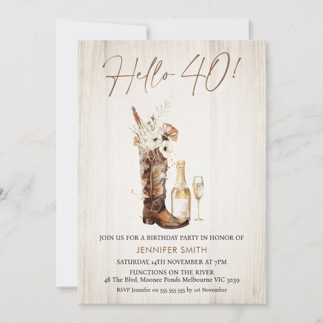 Invitation Rustique Floral Cowgirl Bottle 40e anniversaire (Devant)