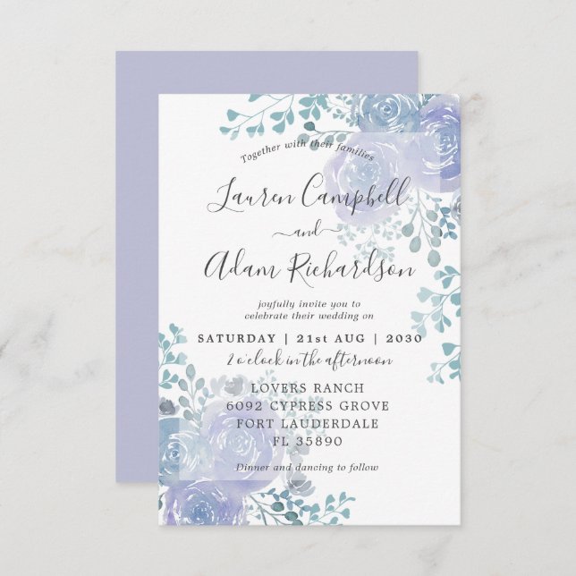 Invitation Rustique Floral Dusty bleu & violet Mariage Invita (Devant / Derrière)