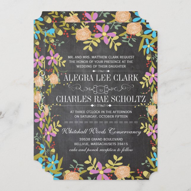 Invitation Rustique Floral Garland Chalkboard Mariage (Devant / Derrière)