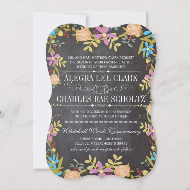 Invitation Rustique Floral Garland Chalkboard Mariage (Devant)