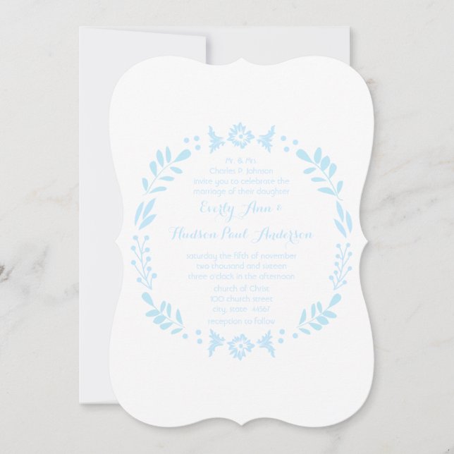 Invitation Rustique Floral Garland Folk Art Blue Mariage (Devant)