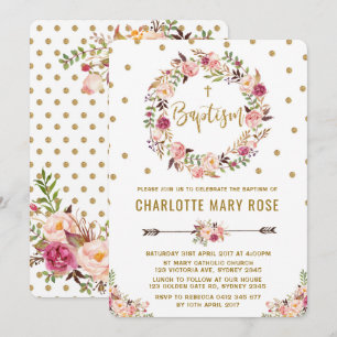 Invitation Rustique Floral Girl Baptême Christening Invitatio