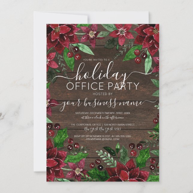 Invitation Rustique Floral Holly Ivy Bois Entreprise Vacances (Devant)