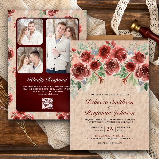 Invitation Rustique Floral Marsala Toile Burlap Code QR Photo (Créateur téléchargé)