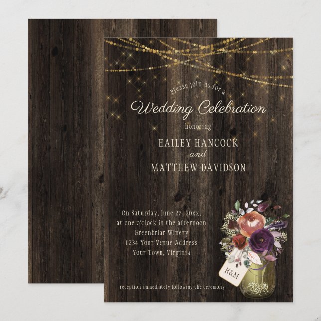 Invitation Rustique Floral Mason Jar Gold String Mariage (Devant / Derrière)
