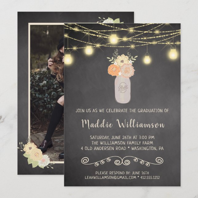Invitation Rustique Floral Mason Jar Lights Graduation Party (Devant / Derrière)