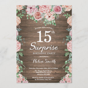 Invitation Rustique Floral Peonies rose Surprise 15e annivers