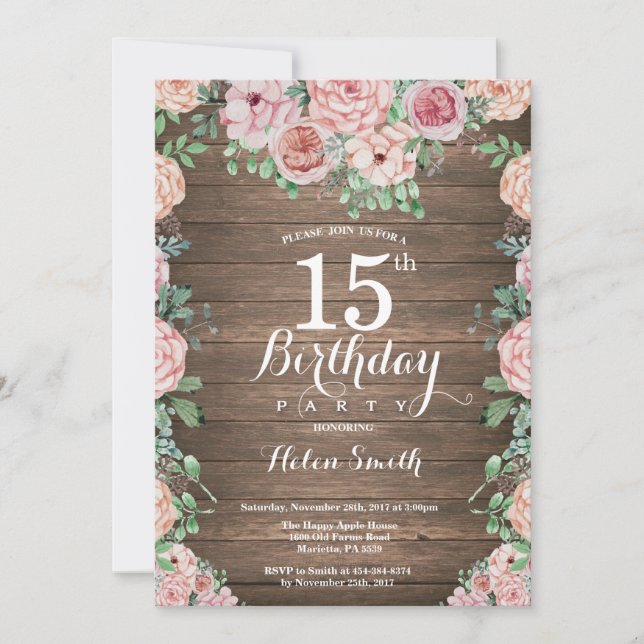 Invitation Rustique Floral Pink Peonies 15e anniversaire (Devant)