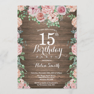 Invitation Rustique Floral Pink Peonies 15e anniversaire