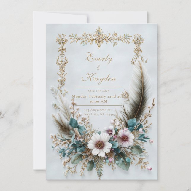 Invitation Rustique Floral rose Élégant mariage à plumes (Devant)