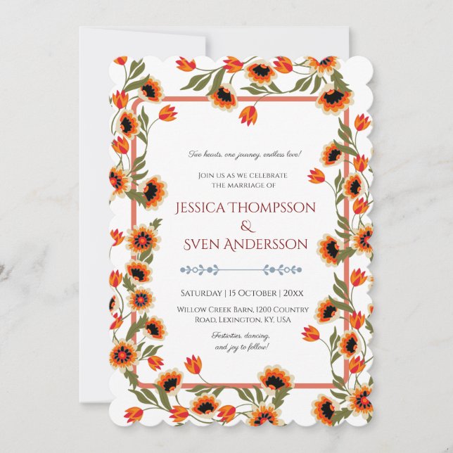 Invitation Rustique Floral Scandinave Mariage inspiré Folk (Devant)