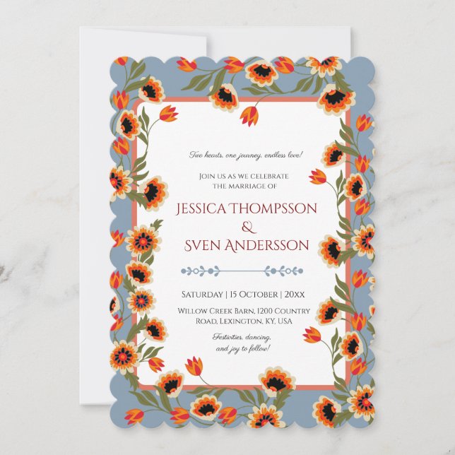 Invitation Rustique Floral Scandinave Mariage inspiré Folk (Devant)
