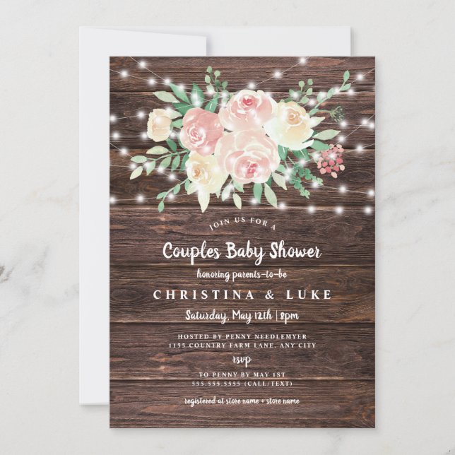 Invitation Rustique Floral String Lumières fille baby shower (Devant)