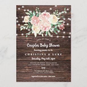 Invitation Rustique Floral String Lumières fille baby shower