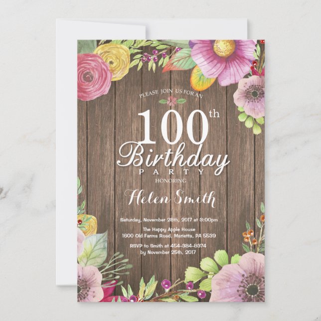 Invitation Rustique Floral Surprise 100e anniversaire Invitat (Devant)