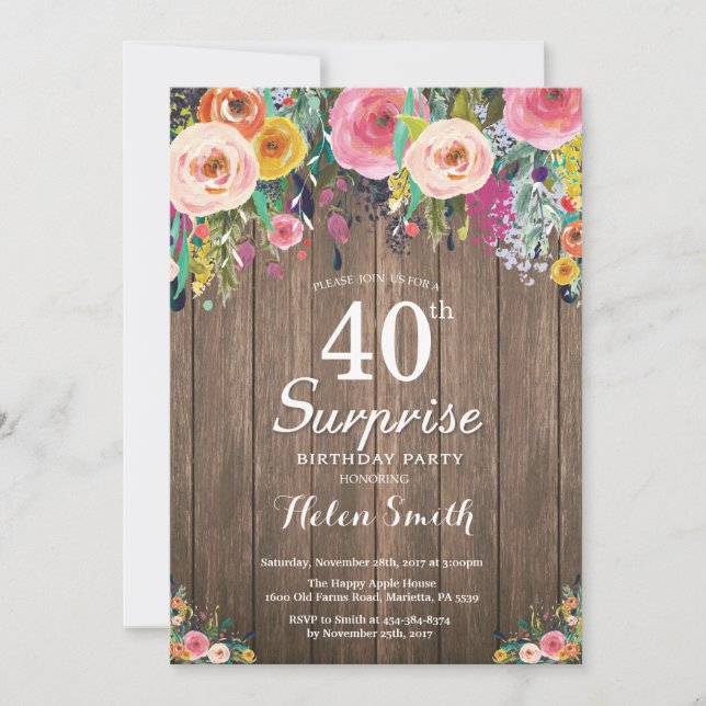 Invitation Rustique Floral Surprise 40e anniversaire Invitati (Devant)