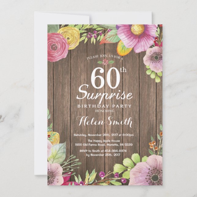 Invitation Rustique Floral Surprise 60e anniversaire Invitati (Devant)