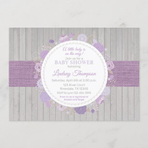 Invitation Rustique Floral Wood Girl Baby shower pourpre