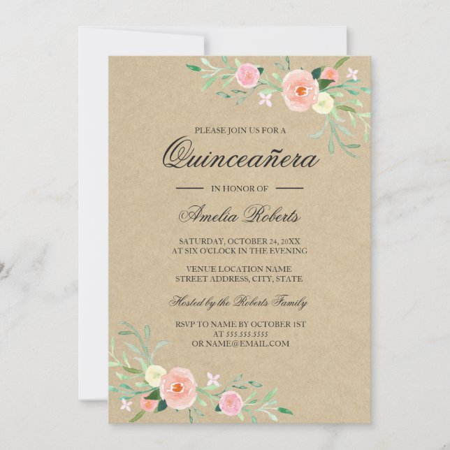 Invitation Rustique Florale Bohème pour Quinceaner (Devant)
