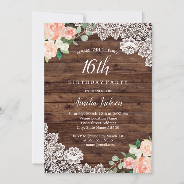 Invitation rustique florale en bois dentelle pour  (Devant)