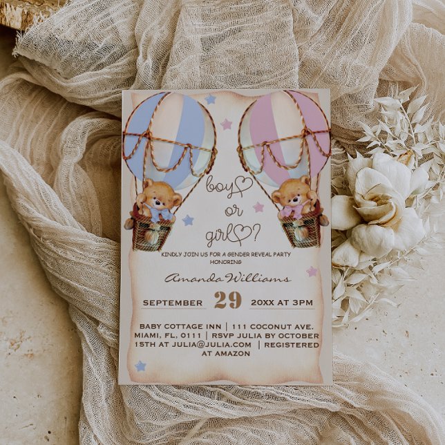 Invitation Rustique Garçon ou fille rose bleu ours sexe révél (Créateur téléchargé)