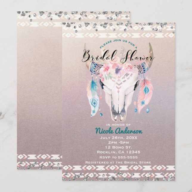 Invitation Rustique Glam Bohème Fleur Crâne de Vache Mariage (Devant / Derrière)
