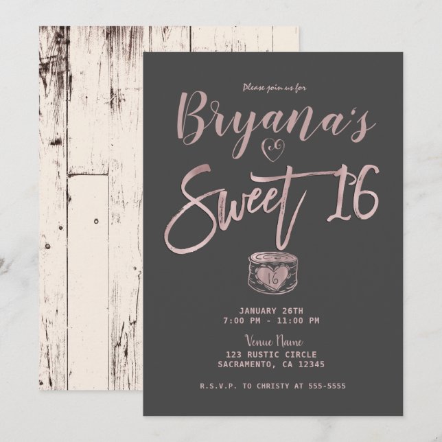 Invitation Rustique Glam Rose Gold Rose Pâle Gris Fête Douce  (Devant / Derrière)
