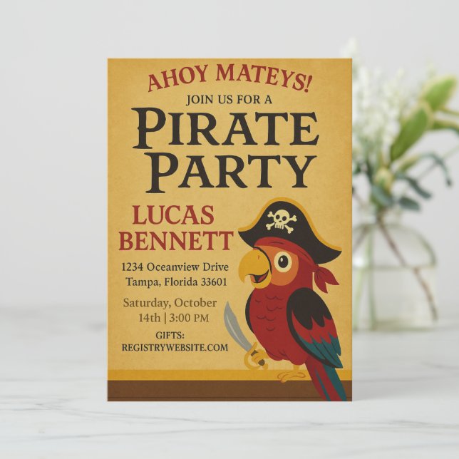 Invitation Rustique Gold Nautical Pirate Parrot Anniversaire (Debout devant)