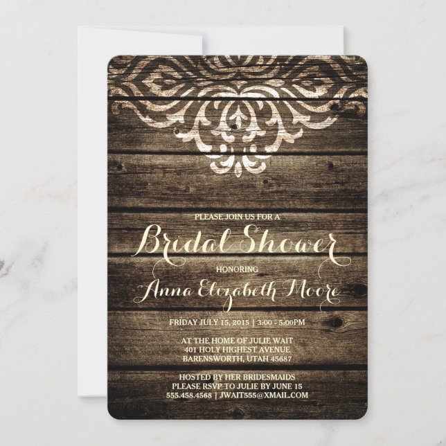 Invitation Rustique Grange Bois Damas nuptiale de douche Invi (Devant)