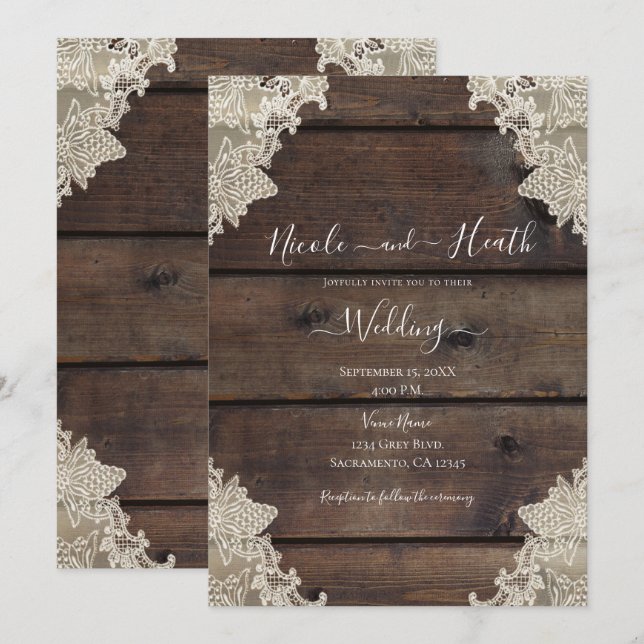 Invitation Rustique Grange Bois & dentelle Romantique Mariage (Devant / Derrière)