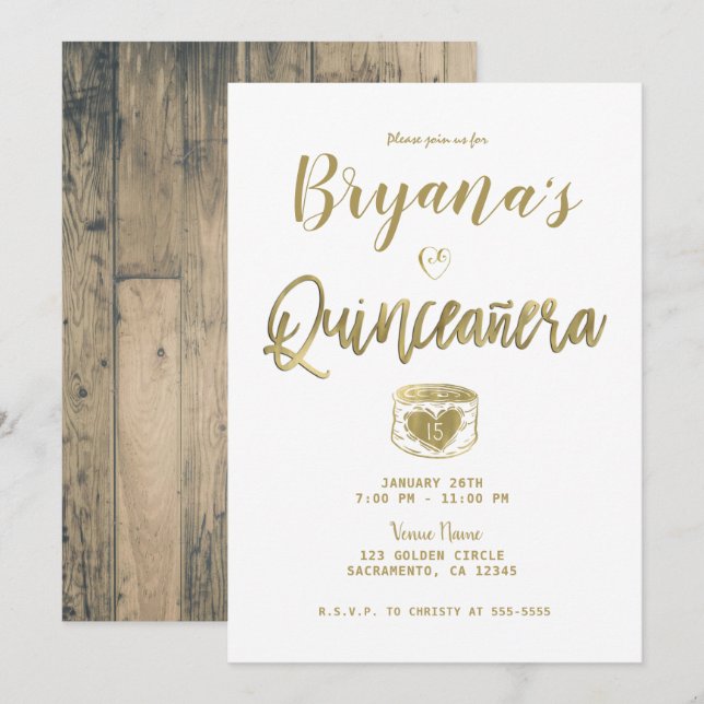 Invitation Rustique Grange Bois Or Blanc Chic Quinceañera 15 (Devant / Derrière)
