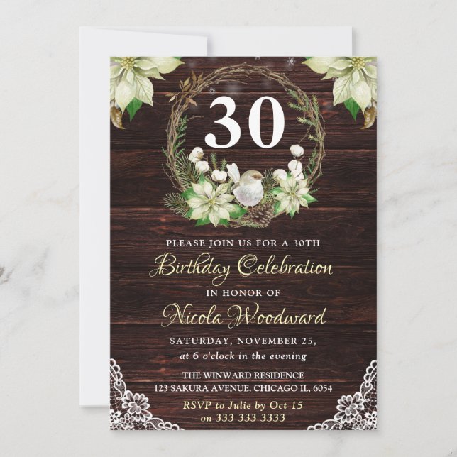Invitation Rustique hiver blanc Robin & Holly Wreath Annivers (Devant)