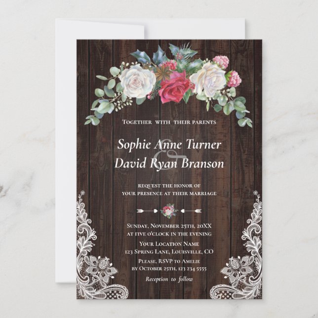 Invitation Rustique hiver blanc Rouge Floral Mariage dentelle (Devant)