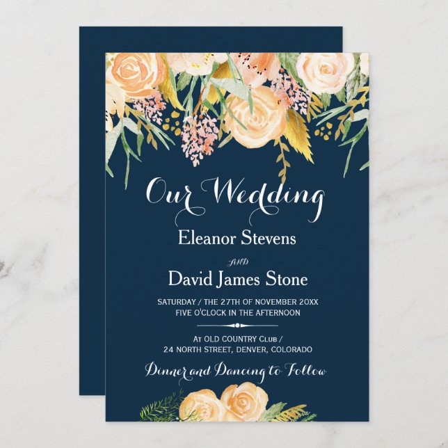 Invitation Rustique hiver marine bleu pêche mariage floral de (Devant / Derrière)