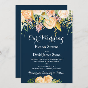 Invitation Rustique hiver marine bleu pêche mariage floral de