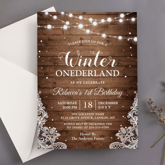 Invitation Rustique hiver ONE derland dentelle bébé premier a (Créateur téléchargé)