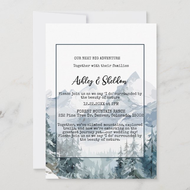 Invitation Rustique hiver Pine Trees Montagne Mariage extérie (Devant)