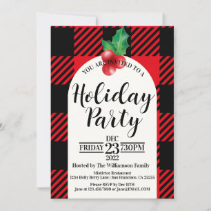 Invitation Rustique Holly Berries Aquarelle Plaid Holiday