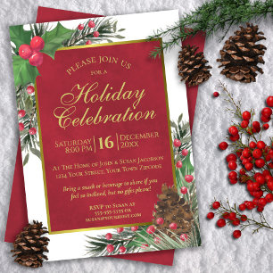 Invitation Rustique Holly & Pine Crimson Red Christmas Holida