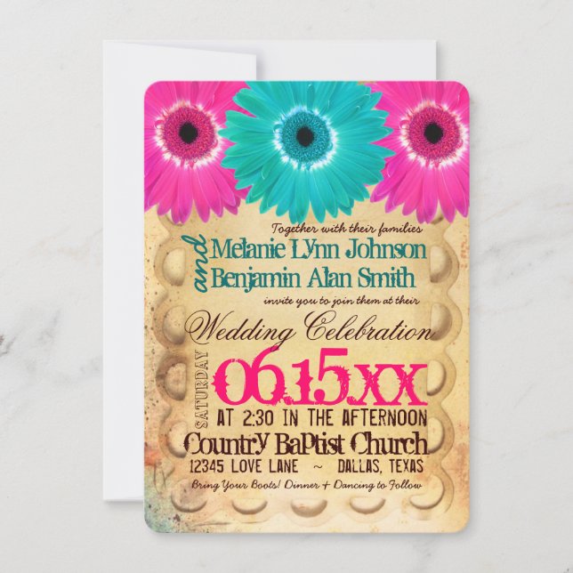 Invitation Rustique Hot rose Turquoise Daisies Mariage Invita (Devant)