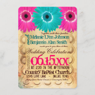 Invitation Rustique Hot rose Turquoise Daisies Mariage Invita