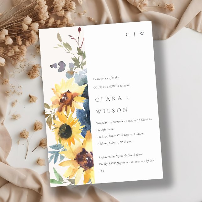 Invitation Rustique Jaune Marine Tournesol Floral Couples Dou (Créateur téléchargé)