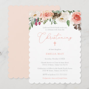 Invitation Rustique Jolie Peach Floral Girl Christening Party