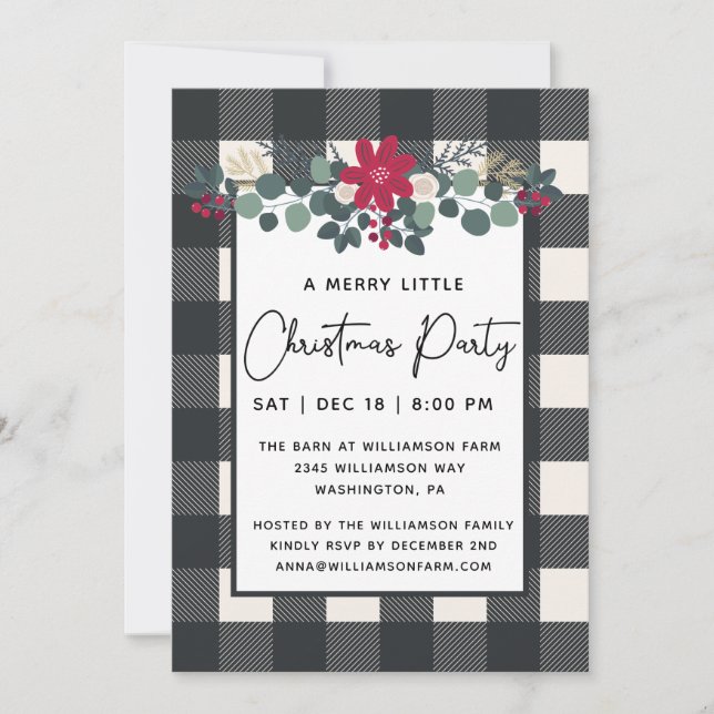 Invitation Rustique Joyeux Petit Noël Fête Floral Plaid (Devant)