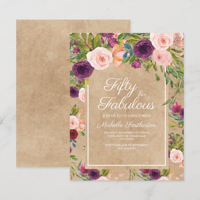Invitation Rustique Kraft Boho Plum Blush Floral 50e annivers (Devant / Derrière)
