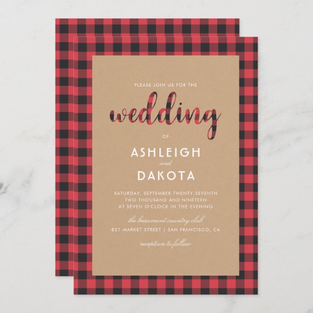 Invitation Rustique Kraft & Buffalo Plaid Script Mariage (Devant / Derrière)