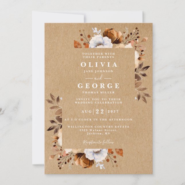 Invitation Rustique Kraft Chute Florale Tout en un Mariage (Devant)