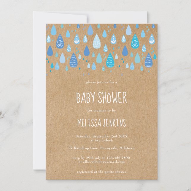Invitation Rustique Kraft Cute Blue Raindrops Baby shower gar (Devant)