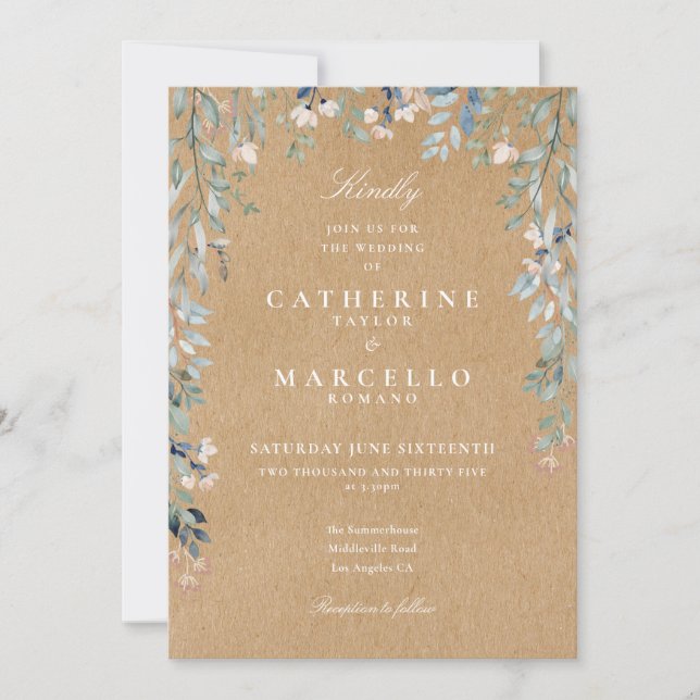 Invitation Rustique Kraft Fleur sauvage aquarelle Mariage Flo (Devant)